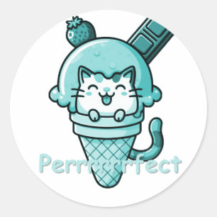 Pegatina Redonda Cat in Cone Perfect Verde azulado
