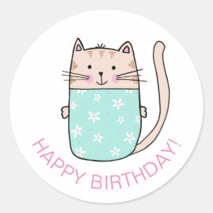 Pegatina Redonda Cat Kitten Happy Birday