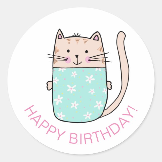 Pegatina Redonda Cat Kitten Happy Birday (Anverso)