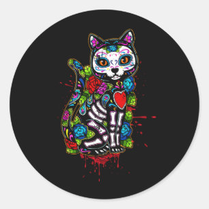 Pegatina Redonda Cat Kitty Kitten Paws Sugar Skull Calavera Hallowe
