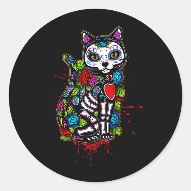 Pegatina Redonda Cat Kitty Kitten Paws Sugar Skull Calavera Hallowe (Anverso)