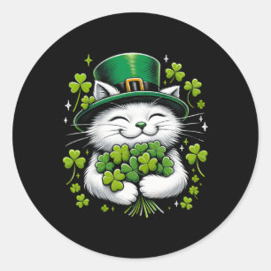 Pegatina Redonda Cat Leprechaun Clover St Patricks Day Mujeres Chic