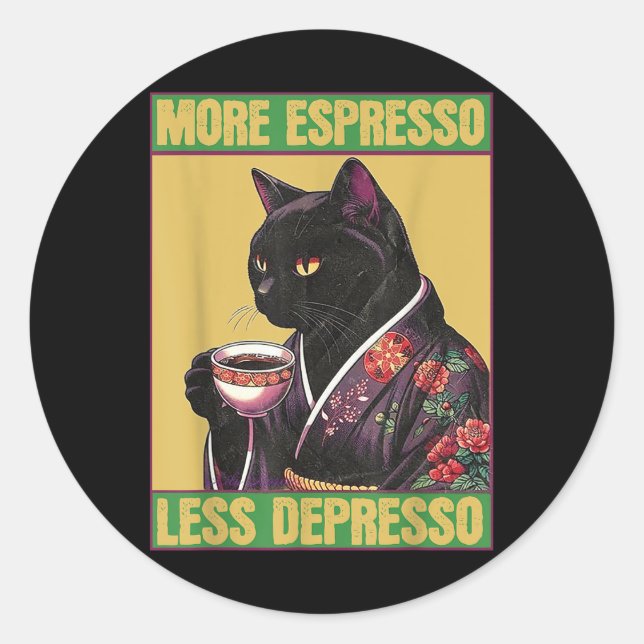 Pegatina Redonda Cat Más Espresso Menos Depresso (Anverso)