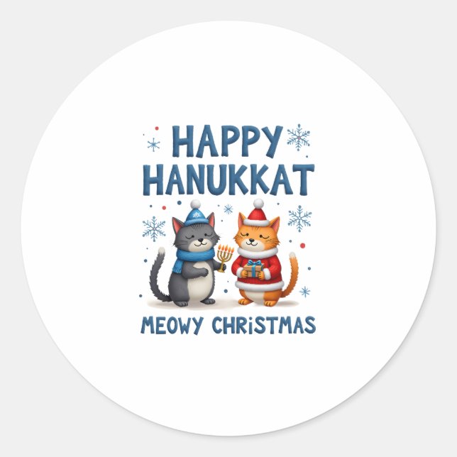 Pegatina Redonda Cat Merry Christmas Happy Hanukkah Jewish Christia (Anverso)