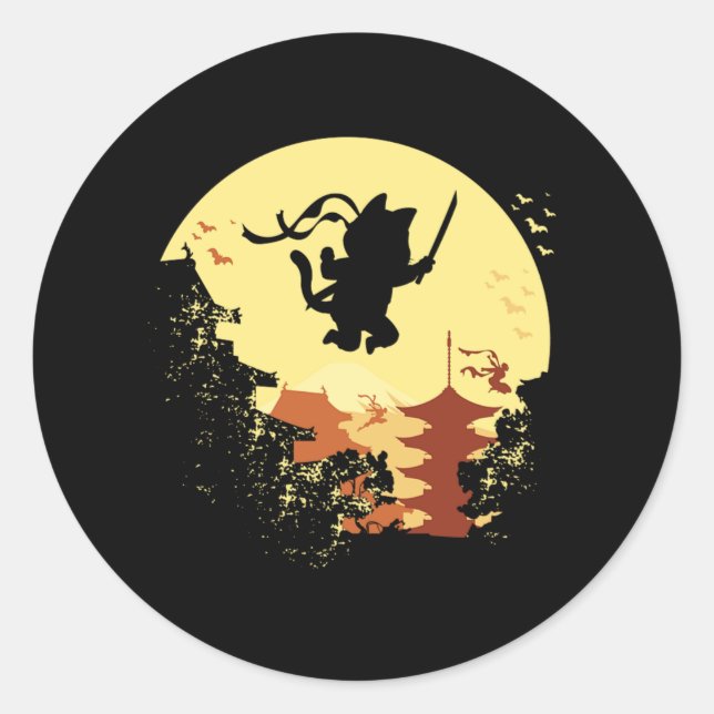 Pegatina Redonda Cat Ninja Samurai Shinobi Kitten Kitty Pet Animal  (Anverso)