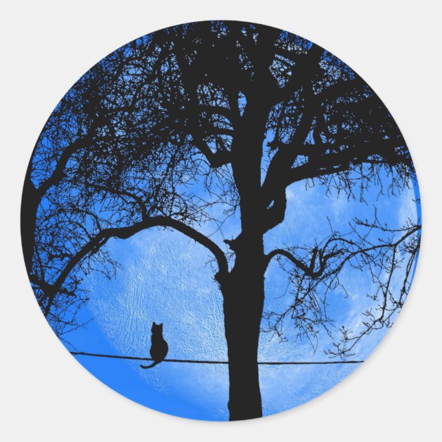 Pegatina Redonda Cat on a Wire Blue Moon (Anverso)