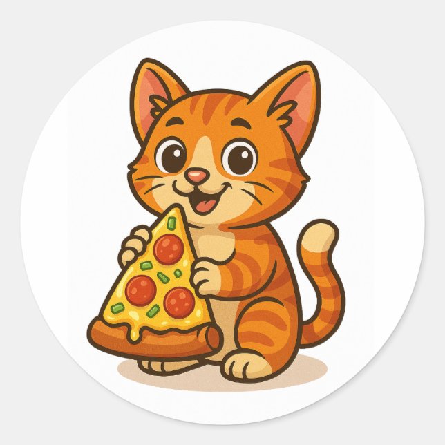 Pegatina Redonda Cat Pizza Party – Cute Cartoon Cat Sticker (Anverso)