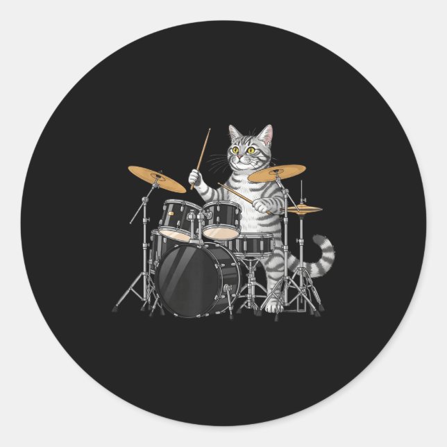 Pegatina Redonda Cat Playing Drums Drumset Drumkit Drumming Drum Dr (Anverso)