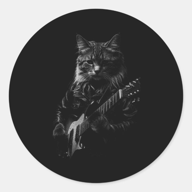 Pegatina Redonda Cat Playing Guitar Rock Star Rock And Roll Men Wom (Anverso)