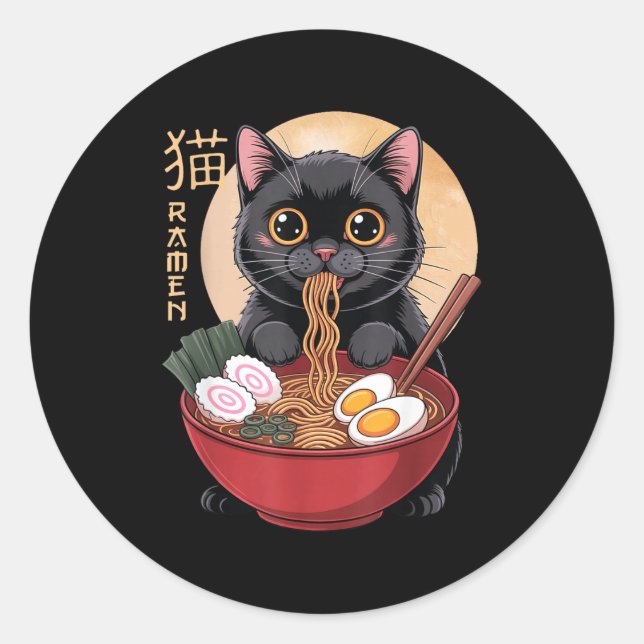 Pegatina Redonda Cat Ramen Funny Graphic Tees Japanese Kawaii Cat A (Anverso)