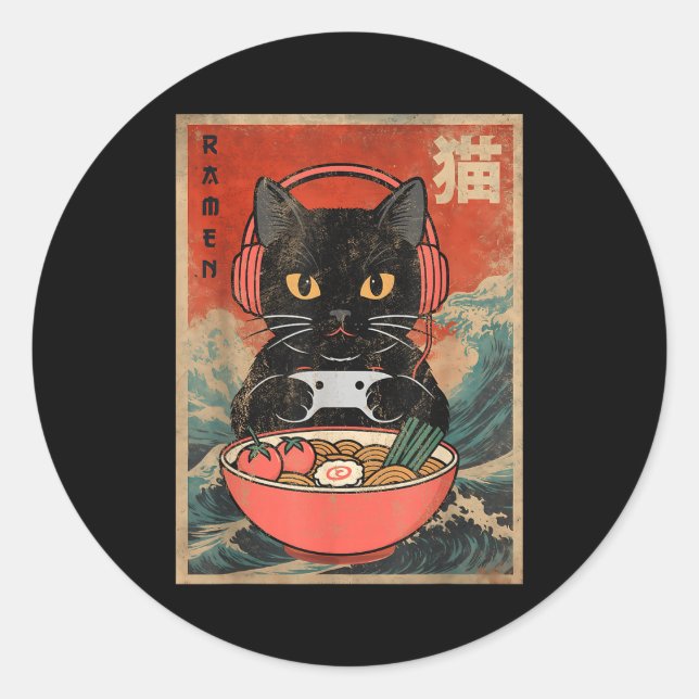 Pegatina Redonda Cat Ramen Japanese Funny Graphic Kawaii Anime  (Anverso)