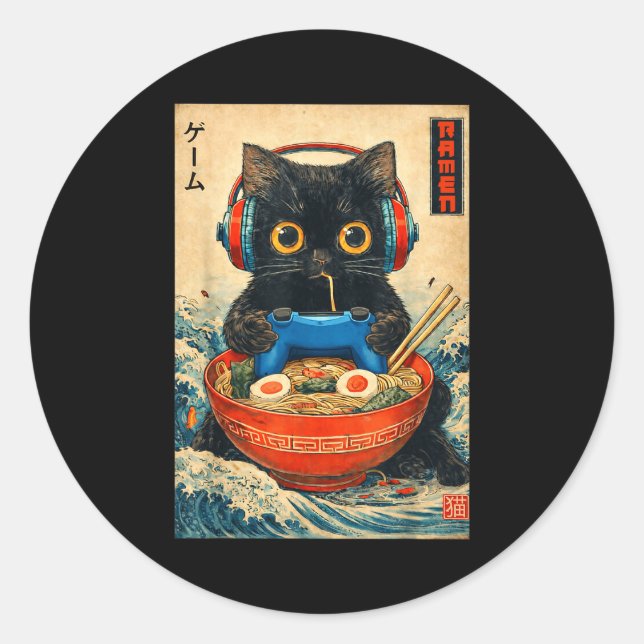 Pegatina Redonda Cat Ramen Japanese Funny Graphic Tees Kawaii Cat A (Anverso)