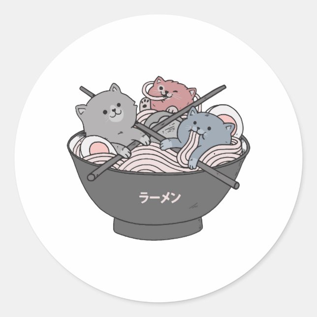 Pegatina Redonda Cat Ramen Kawaii (Anverso)