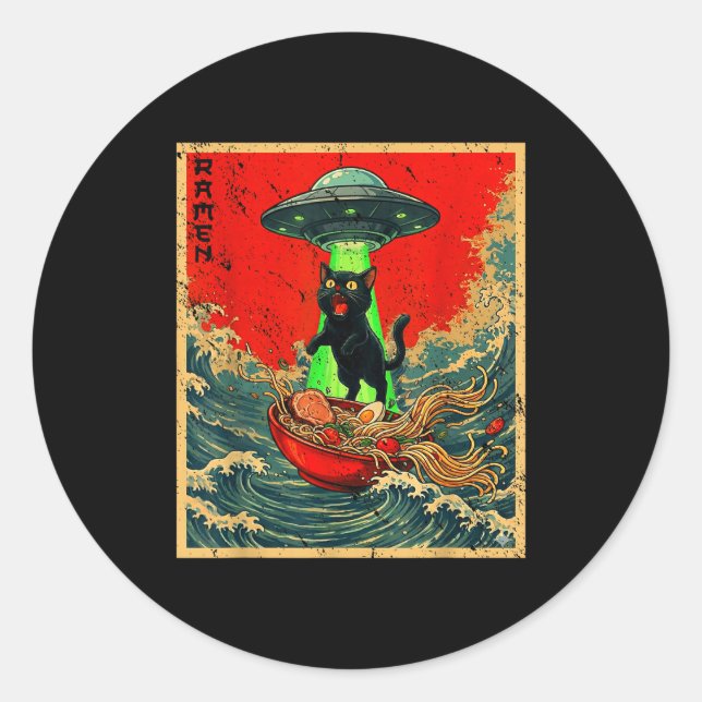 Pegatina Redonda Cat Ramen Ufo Japanese Anime Graphic Tees Men Wome (Anverso)