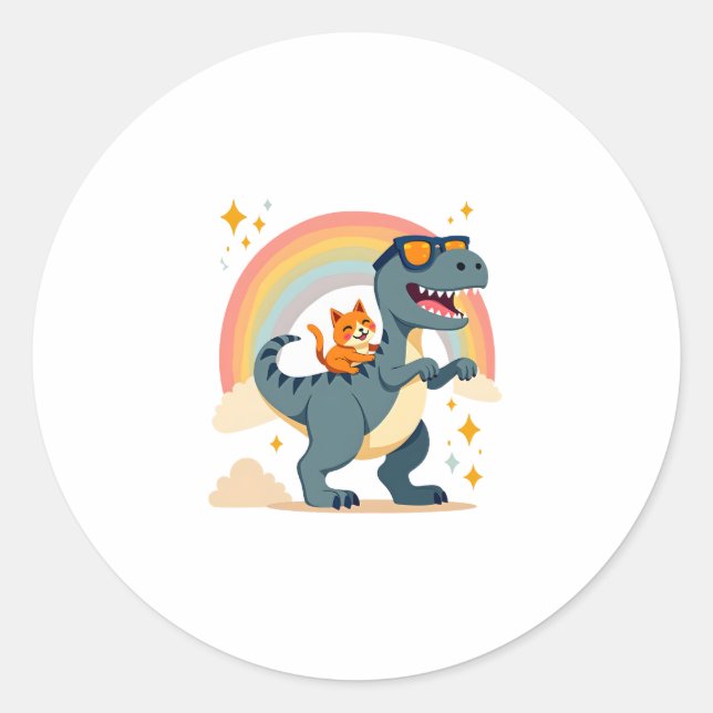 Pegatina Redonda Cat Riding Dinosaur T-Rex Kitten Rainbow Dino Funn (Anverso)