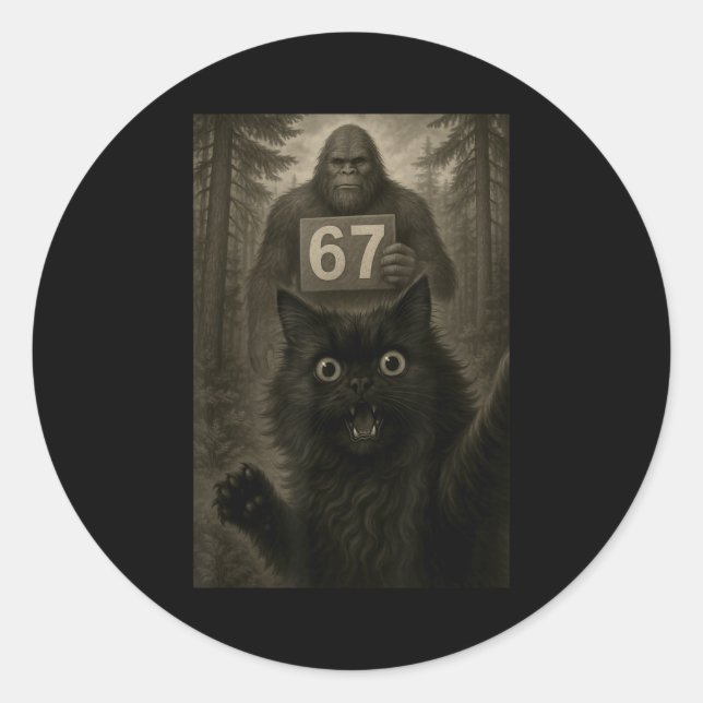 Pegatina Redonda Cat Selfie 67 Meme Six Seven Funny Bigfoot  (Anverso)