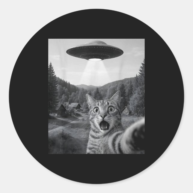 Pegatina Redonda Cat Selfie With Alien Ufo Funny Cat Funny Ed Cat  (Anverso)