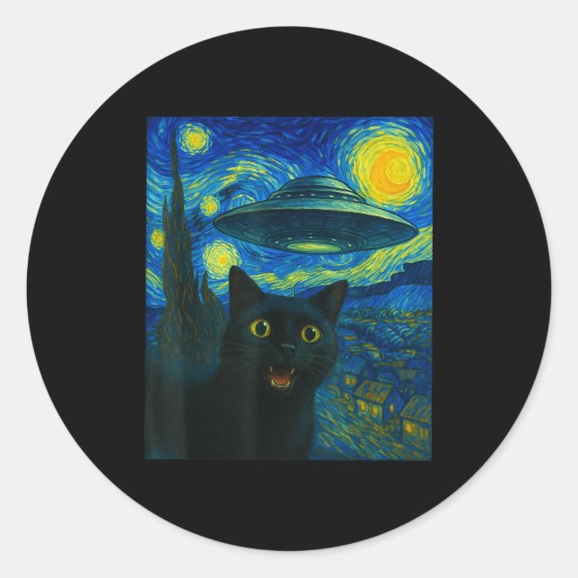 Pegatina Redonda Cat Selfie With Alien Ufo Night Van Gogh Men Women (Anverso)