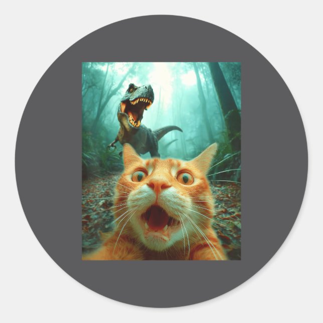 Pegatina Redonda Cat Selfie With T-rex Dinosaur Trex Dino Men Women (Anverso)