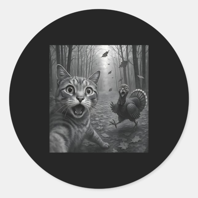 Pegatina Redonda Cat Selfie With Turkey Funny Happy Thanksgiving Da (Anverso)