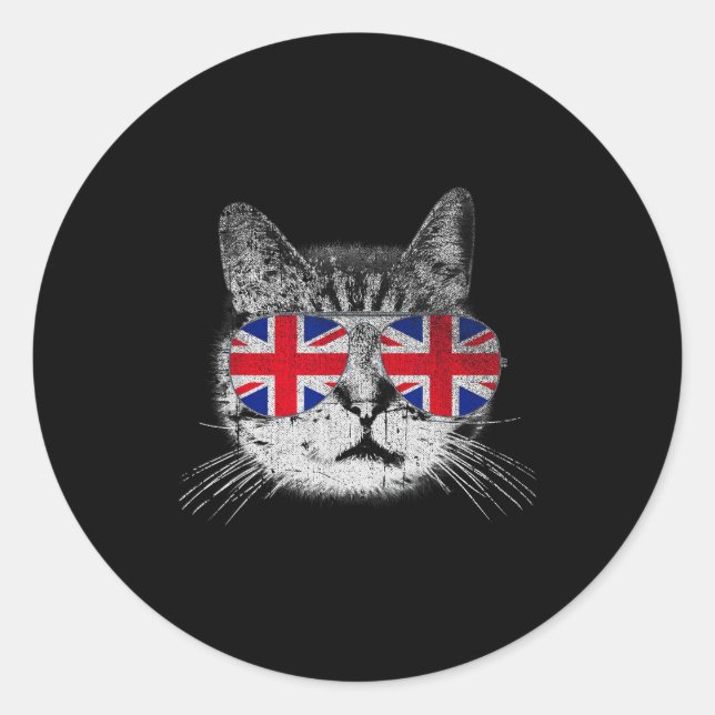 Pegatina Redonda Cat Shirt Union Jack Flag Country Retro England Br (Anverso)