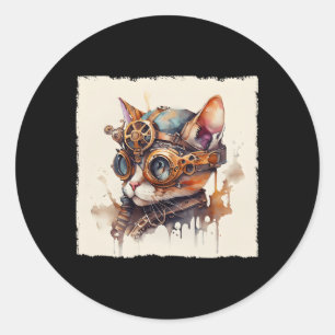 Pegatina Redonda Cat Skull Steampunk