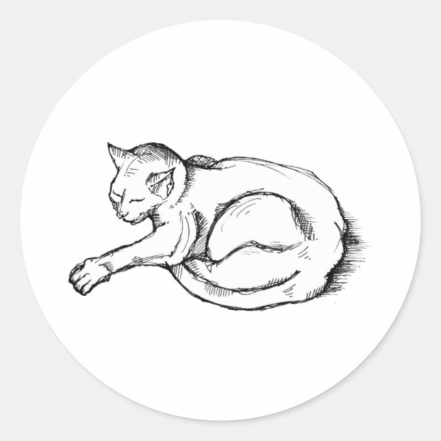 Pegatina Redonda Cat Sleeping Illustration Pen Drawing Art (Anverso)