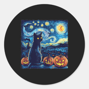 Pegatina Redonda Cat Starry Night Van Gogh Cat Para Cat Lover Cat D