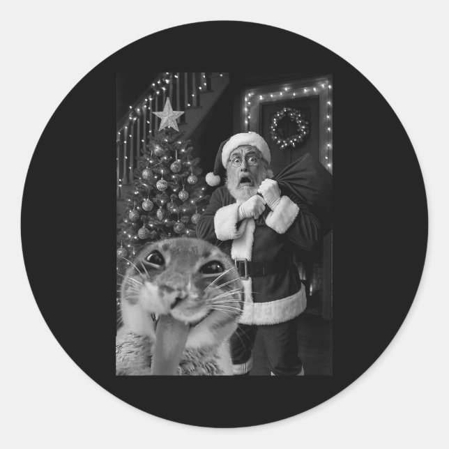 Pegatina Redonda Cat Taking A Selfie Santa Christmas Xmas Pajamas H (Anverso)
