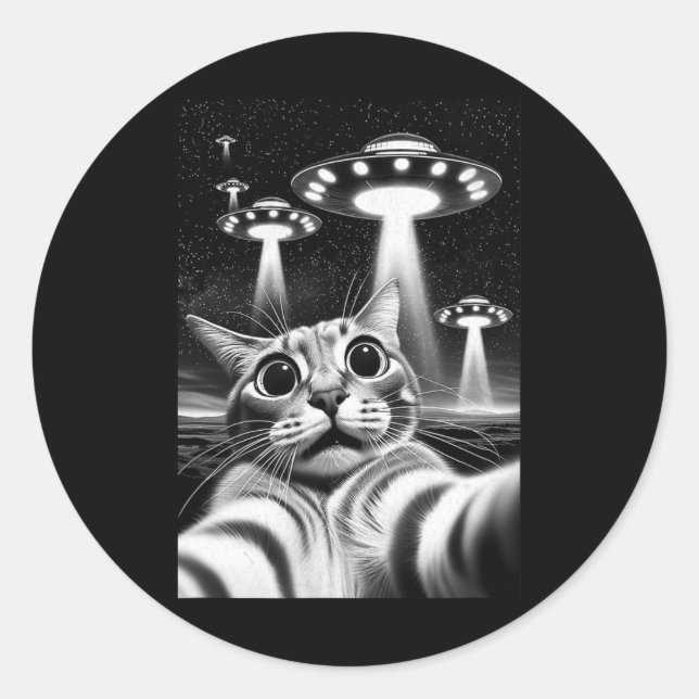 Pegatina Redonda Cat Ufo Gracioso Meme De Invasión Retro Alien Cat  (Anverso)