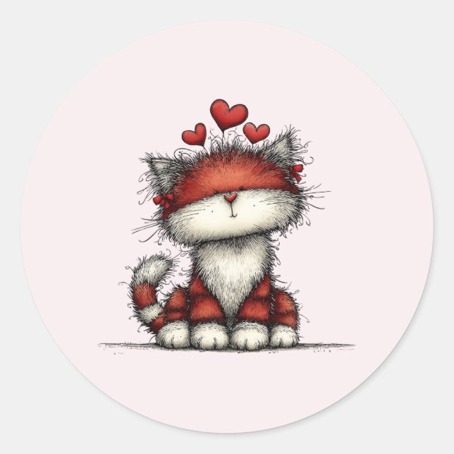 Pegatina Redonda Cat with Red Love Hearts Cute and Funny (Anverso)