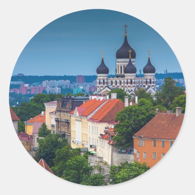 Pegatina Redonda Catedral y paisaje urbano | Estonia (Anverso)