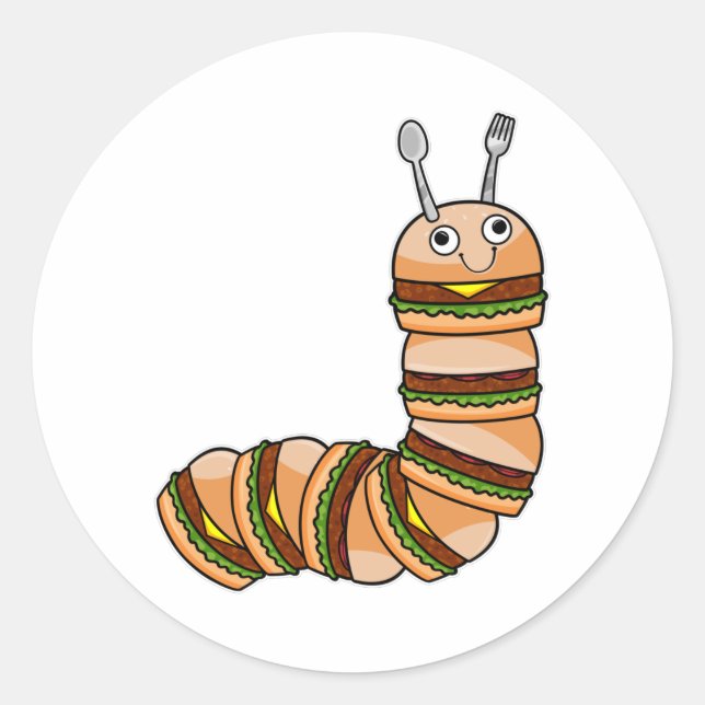 Pegatina Redonda Caterpillar como Cheeseburger con carne y ensalada (Anverso)