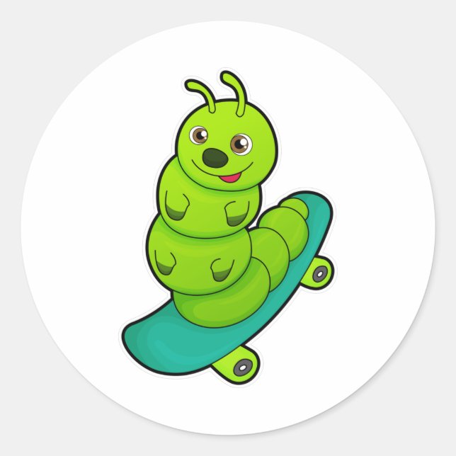 Pegatina Redonda Caterpillar como Skater con Skateboard (Anverso)