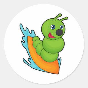 Pegatina Redonda Caterpillar como surfista con Surfboard