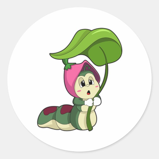 Pegatina Redonda Caterpillar con hoja (Anverso)