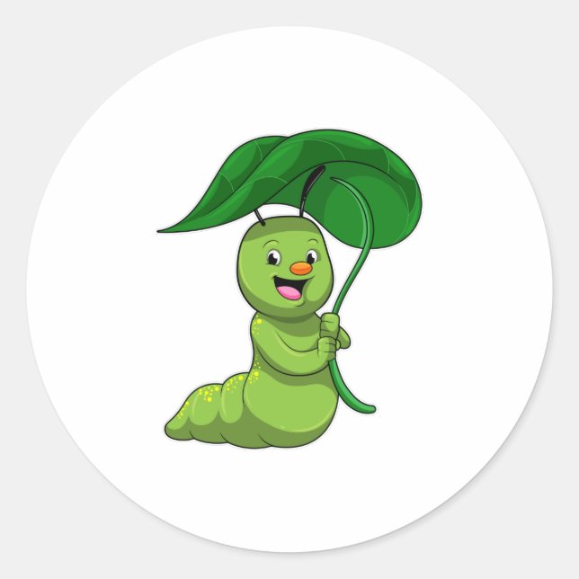 Pegatina Redonda Caterpillar con hoja como parasol (Anverso)