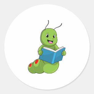Pegatina Redonda Caterpillar en lectura con libro