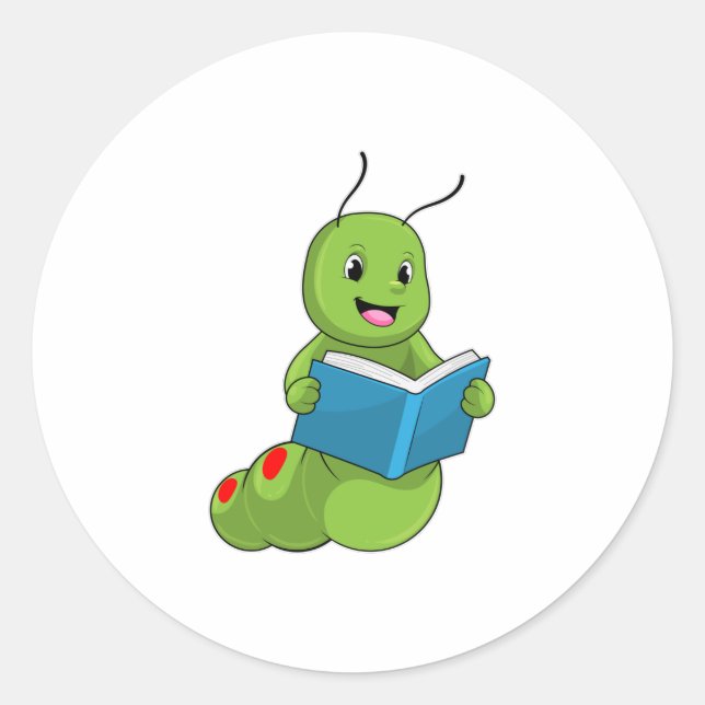 Pegatina Redonda Caterpillar en lectura con libro (Anverso)