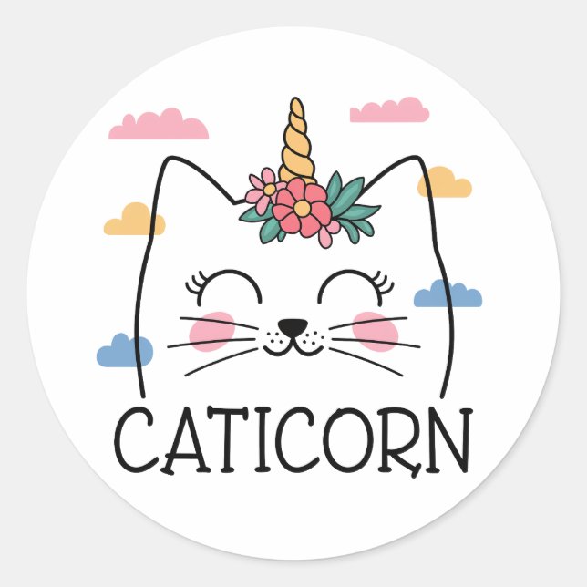 Pegatina Redonda Caticorn Unicorn kitty cat (Anverso)