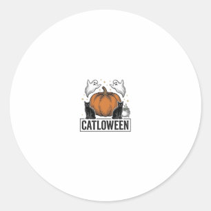 Pegatina Redonda Catloween Gato Negro Fantasma Diseño Vectorial de
