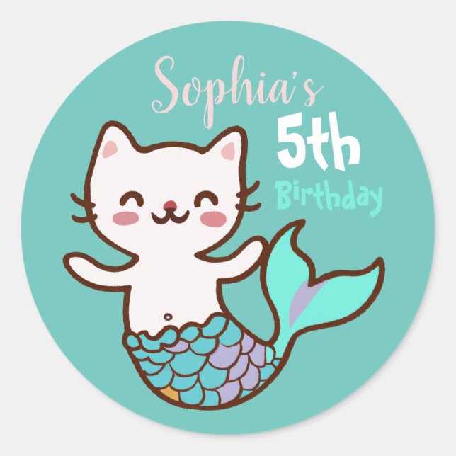 Pegatina Redonda Cato de sirena de felina Meowmaid Purrmaid Chica C (Anverso)