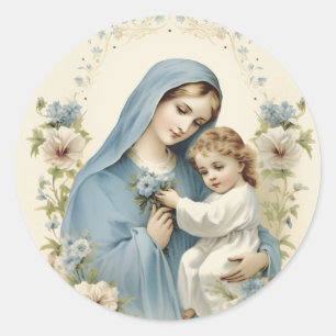 Pegatina Redonda Católica Virgen María y Niño Floral Vintage