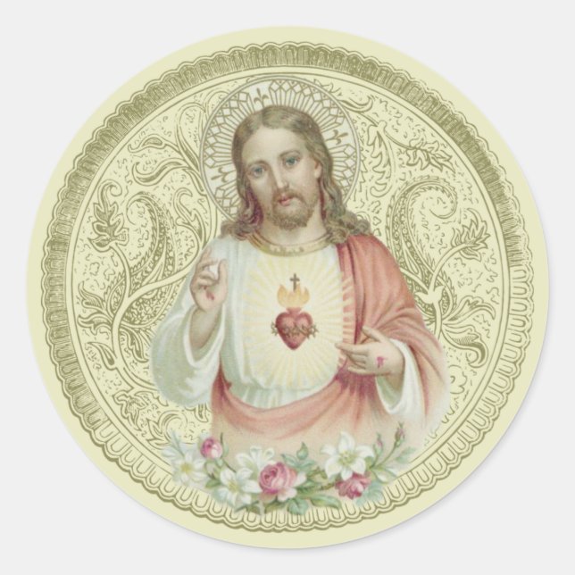 Pegatina Redonda Católico Religioso Sagrado Corazón Floral Jesús (Anverso)