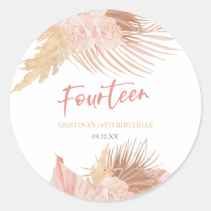 Pegatina Redonda Catorce Fiesta de Cumpleaños Boho Rosa Floral 14