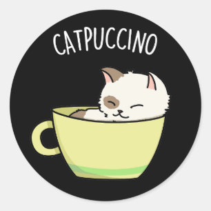 Pegatina Redonda Catpucccino Gracioso Gato Gatito En Copa Pun Oscur