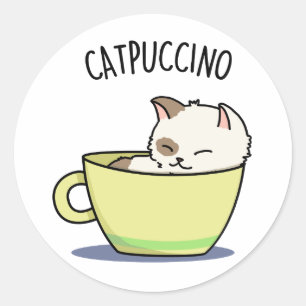 Pegatina Redonda Catpucccino Gracioso Gato Gato Gatito En Un Pun De