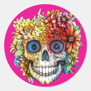 Pegatina Redonda Catrina Calavera del Día de Muertos con Flores