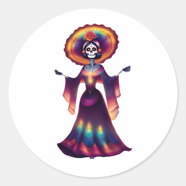 Pegatina Redonda Catrina cuerpo completo (Anverso)