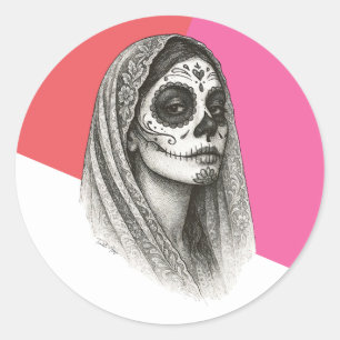 Pegatina Redonda Catrina mexicana con Rosas y el velo "Dia de muert